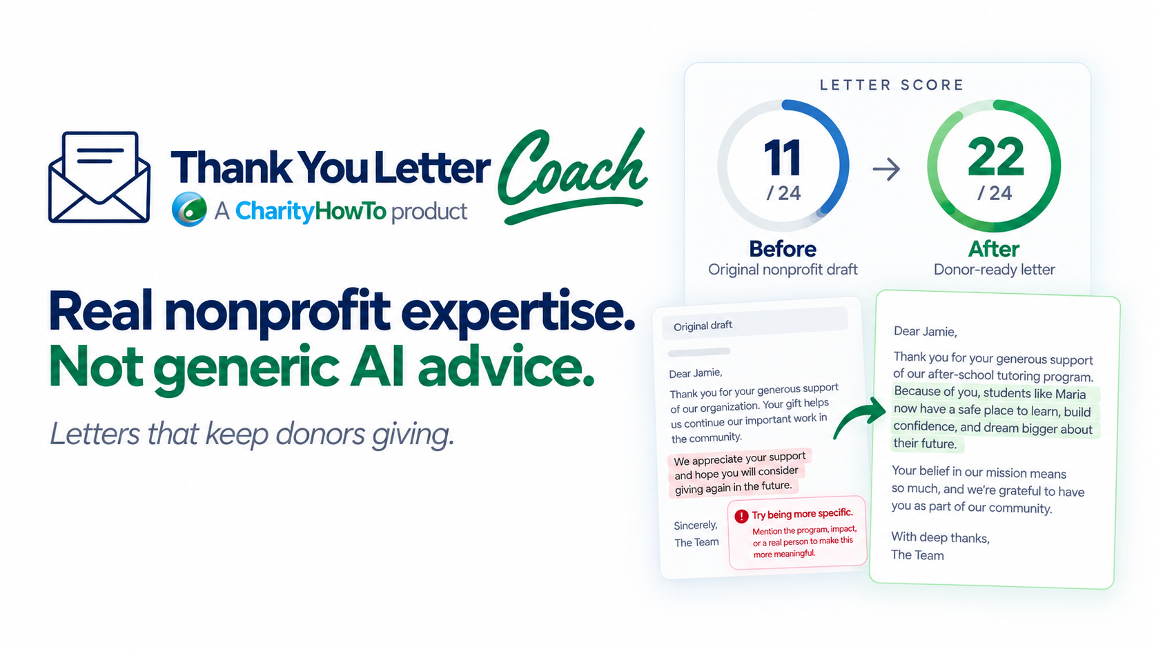Thank You Letter Coach — Real nonprofit expertise. Not generic AI advice.